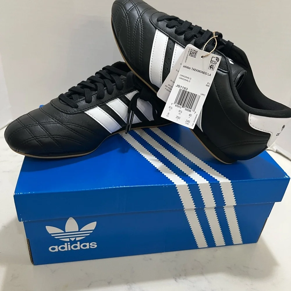 adidas Women's Black Sneakers with White Stripes - Picture 5 of 13